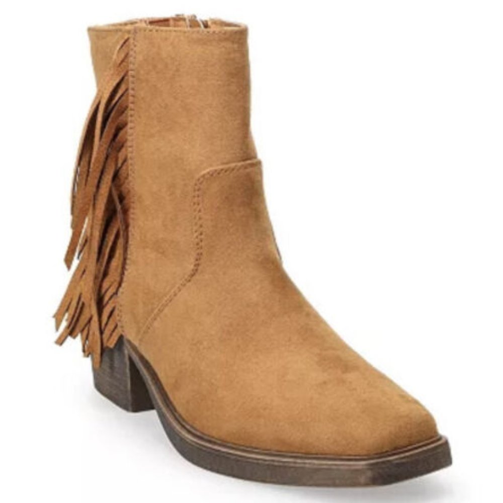 SO Women’s Old Fashion Fringe Western Ankle Boots, Cognac, Size 9.5, New in Box